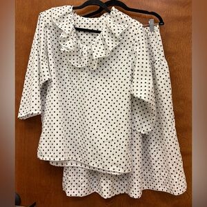 Vintage RLM 2 piece set ruffle v-neck blouse & drop waist skirt set polka dot